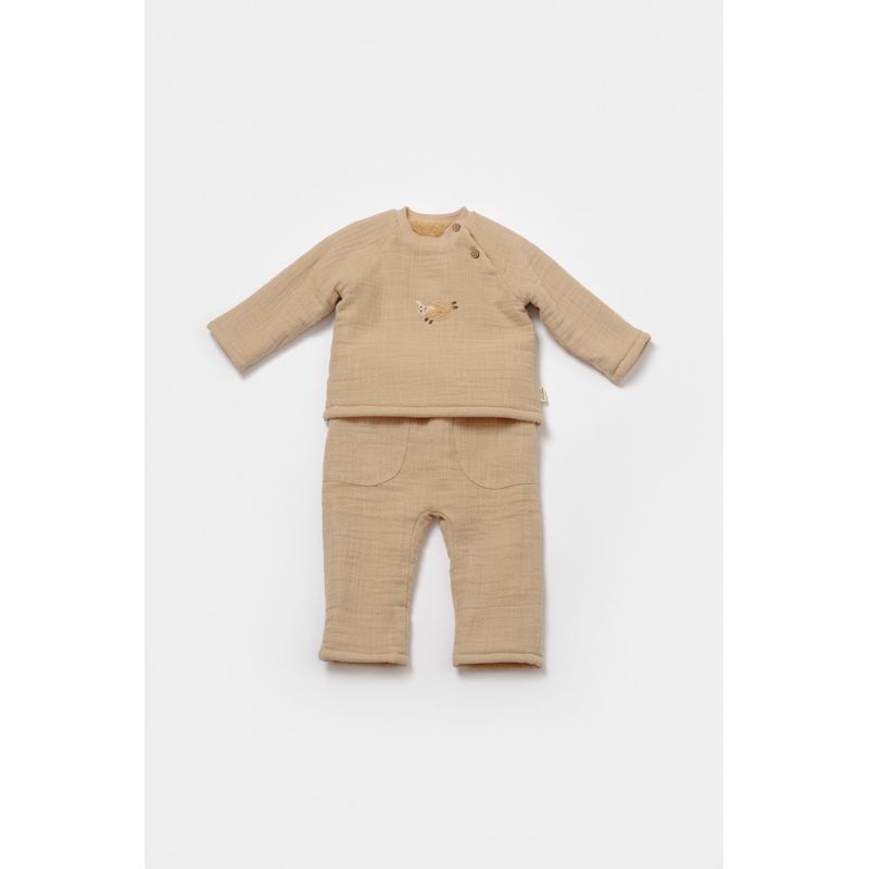 Fashion, accesorii si bijuterii - Copii - Imbracaminte copii - Treninguri si compleuri copii - Set bluza dublata si pantaloni, Winter muselin, 100% bumbac - Apricot, BabyCosy (Marime: 18-24 Luni) - Infinity.ro
