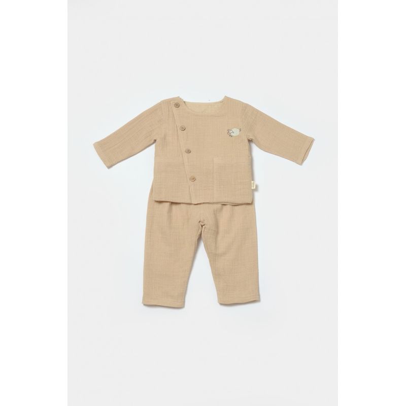 Fashion, accesorii si bijuterii - Copii - Imbracaminte copii - Treninguri si compleuri copii - Set bluza cu nasturi si pantaloni , Winter muselin, 100% bumbac - Apricot, BabyCosy (Marime: 18-24 Luni) - Infinity.ro