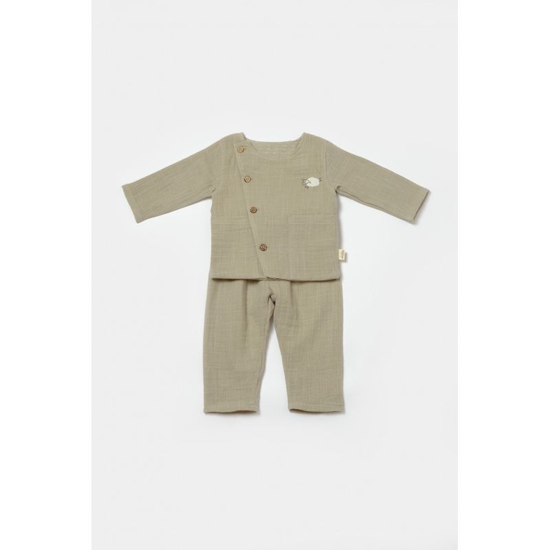 Fashion, accesorii si bijuterii - Copii - Imbracaminte copii - Treninguri si compleuri copii - Set bluza cu nasturi si pantaloni , Winter muselin, 100% bumbac - Verde, BabyCosy (Marime: 18-24 Luni) - Infinity.ro