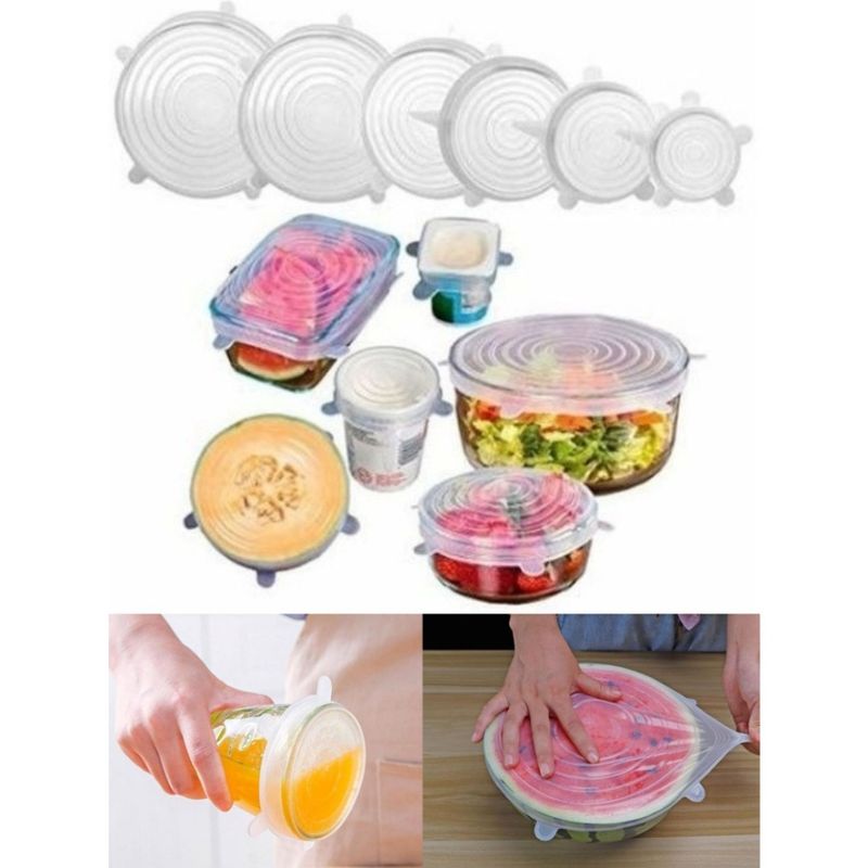 Casa si Gradina - Mobilier - Organizare si depozitare - Cutii depozitare - Set 6 Capace flexibile din Silicon, reutilizabile, capac pentru vase/recipiente, transparente, diferite dimensiuni - Infinity.ro