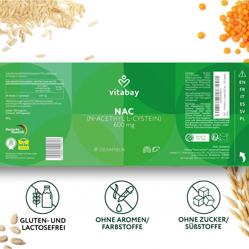 Ingrijire personala si Cosmetice - Sanatate si wellness - Suplimente alimentare - Vitamine si minerale - NAC (N-Acetil Cisteina) 600 mg - 120 Capsule vegan, Vitabay - Infinity.ro