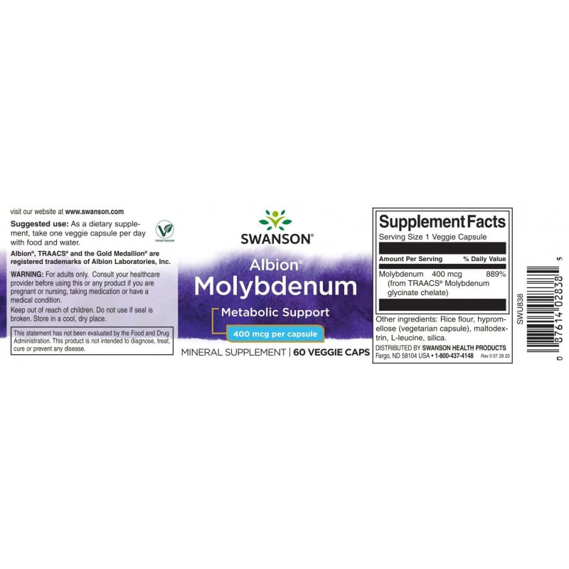 Ingrijire personala si Cosmetice - Sanatate si wellness - Suplimente alimentare - Vitamine si minerale - Albion Molybdenum Chelated (Molibden) 400mcg 60 Capsule Swanson - Infinity.ro