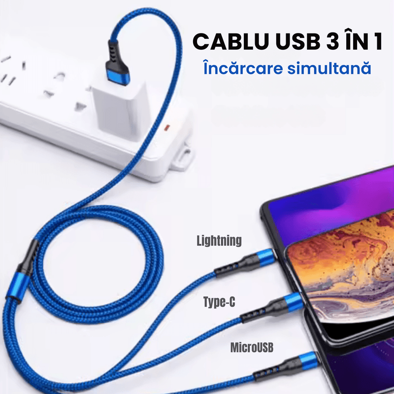 Laptop, Telefoane si Tablete - Telefoane mobile si accesorii - Accesorii Telefoane - Cabluri si adaptoare telefoane - Cablu de date 3 in 1 cu incarcare rapida GAVIO®, USB la USB-C, Lightning, MicroUSB, 1.2m, 5A, universal, Albastru - Infinity.ro