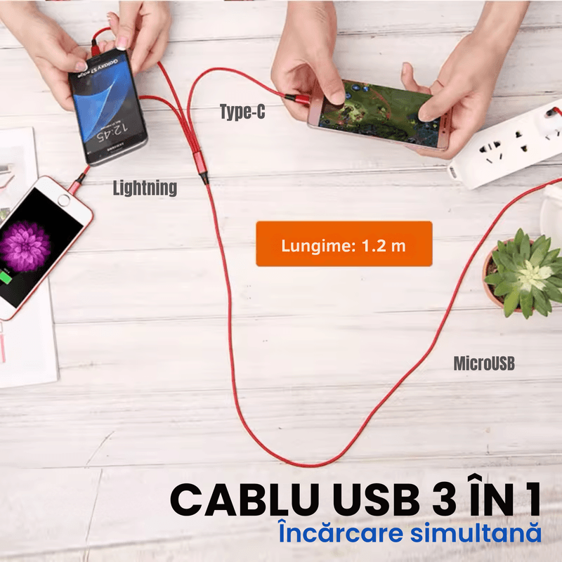 Laptop, Telefoane si Tablete - Telefoane mobile si accesorii - Accesorii Telefoane - Cabluri si adaptoare telefoane - Cablu de date 3 in 1 cu incarcare rapida GAVIO®, USB la USB-C, Lightning, MicroUSB, 1.2m, 5A, universal, Rosu - Infinity.ro
