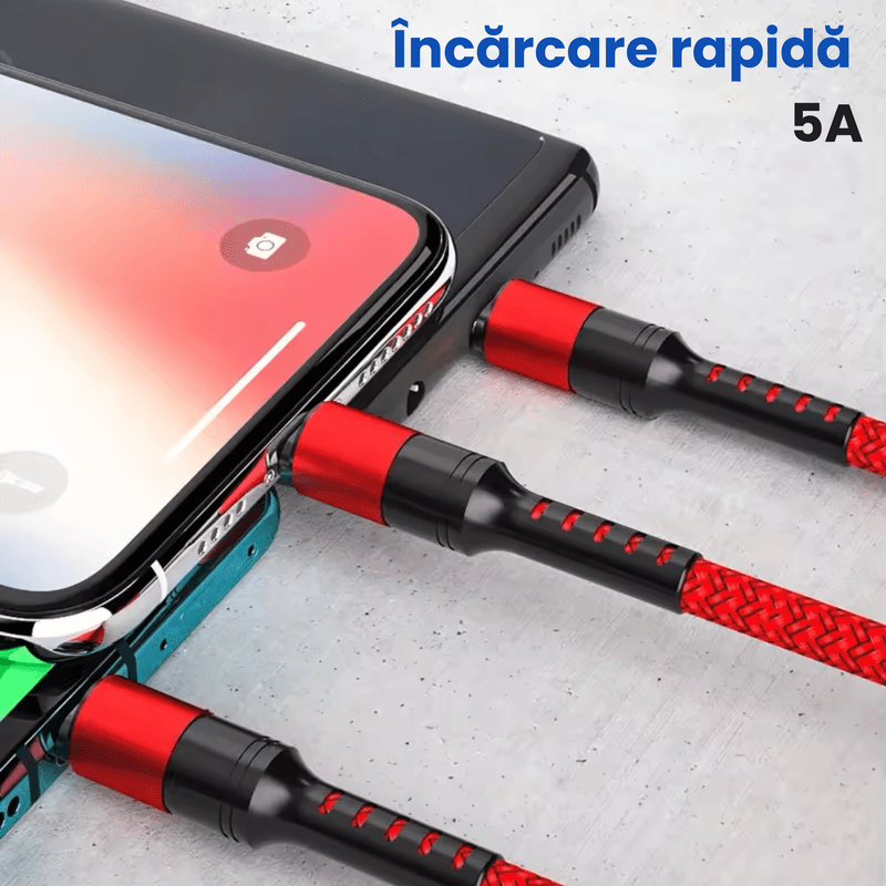 Laptop, Telefoane si Tablete - Telefoane mobile si accesorii - Accesorii Telefoane - Cabluri si adaptoare telefoane - Cablu de date 3 in 1 cu incarcare rapida GAVIO®, USB la USB-C, Lightning, MicroUSB, 1.2m, 5A, universal, Rosu - Infinity.ro