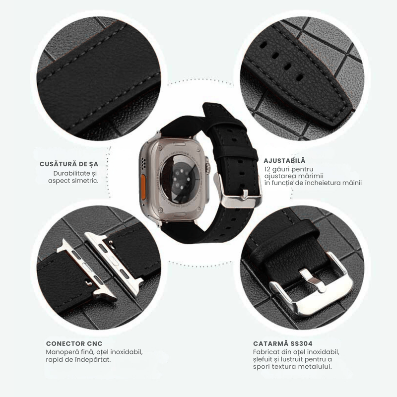 Laptop, Telefoane si Tablete - Wearables si gadgeturi - Wearables - Accesorii wearables - Curea piele naturala GAVIO LeatherWatch,compatibila Apple Watch 1,2,3,4,5,6,7,8,9,Ultra,SE, 42/44/45/49mm,eleganta,Negru - Infinity.ro