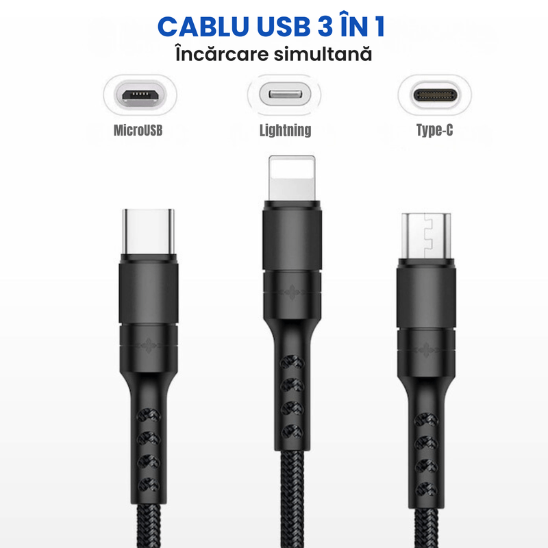 Laptop, Telefoane si Tablete - Telefoane mobile si accesorii - Accesorii Telefoane - Cabluri si adaptoare telefoane - Cablu de date 3 in 1 cu incarcare rapida GAVIO®, USB la USB-C, Lightning, MicroUSB, 1.2m, 5A, universal, Negru - Infinity.ro