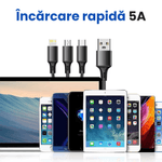 Laptop, Telefoane si Tablete - Telefoane mobile si accesorii - Accesorii Telefoane - Cabluri si adaptoare telefoane - Cablu de date 3 in 1 cu incarcare rapida GAVIO®, USB la USB-C, Lightning, MicroUSB, 1.2m, 5A, universal, Negru - Infinity.ro