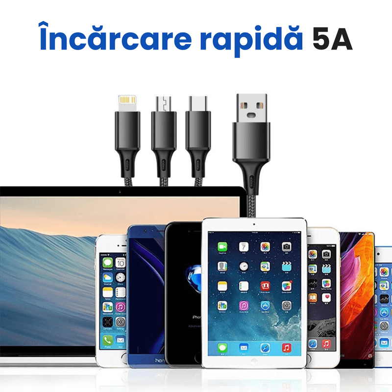 Laptop, Telefoane si Tablete - Telefoane mobile si accesorii - Accesorii Telefoane - Cabluri si adaptoare telefoane - Cablu de date 3 in 1 cu incarcare rapida GAVIO®, USB la USB-C, Lightning, MicroUSB, 1.2m, 5A, universal, Negru - Infinity.ro