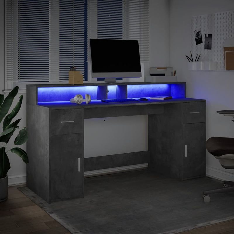 Casa si Gradina - Mobilier - Mese si birouri - Birouri - Birou cu lumini LED, gri beton, 160x55x91 cm, lemn prelucrat - Infinity.ro