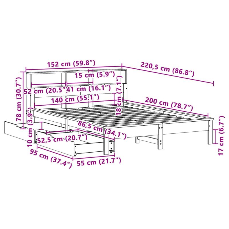 Casa si Gradina - Mobilier - Paturi si accesorii - Paturi - Pat cu biblioteca fara saltea maro 140x200 cm lemn masiv de pin - Infinity.ro