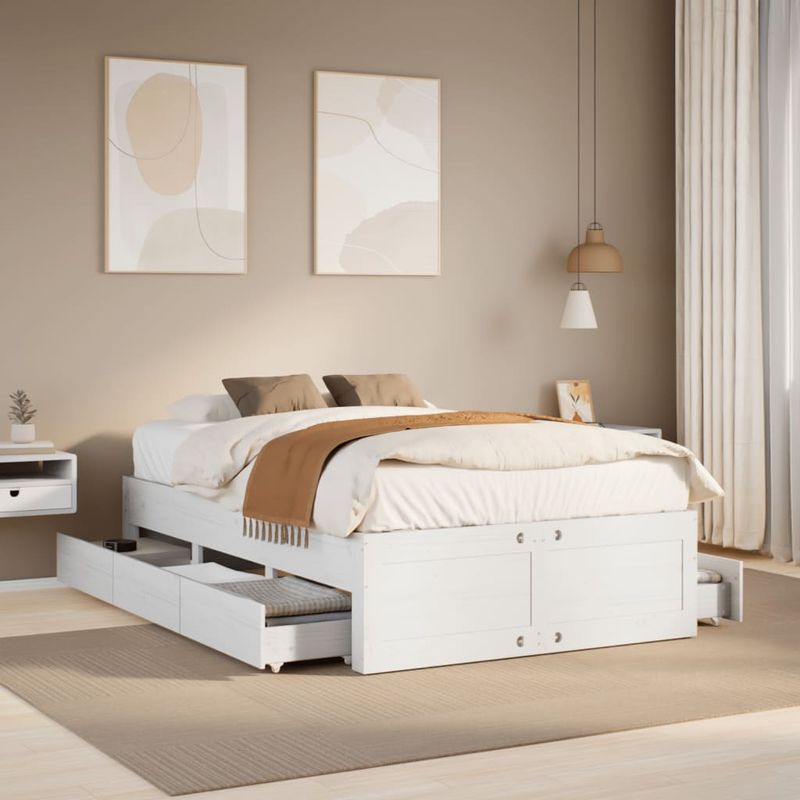 Casa si Gradina - Mobilier - Paturi si accesorii - Paturi - Cadru pat fara saltea/cu sertare alb 135x190 cm lemn masiv pin - Infinity.ro
