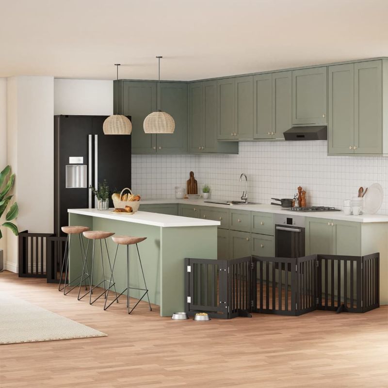 Petshop - Accesorii petshop - Culcusuri si custi - Custi interior si exterior - Poarta caini pliabila cu usa 15 panouri negru 750 cm, lemn plop - Infinity.ro