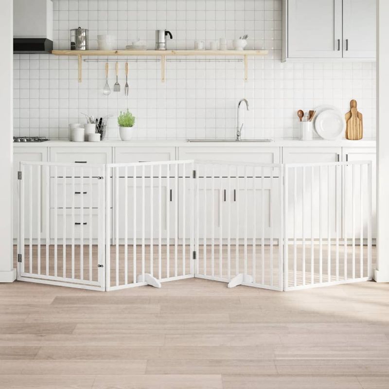 Petshop - Accesorii petshop - Culcusuri si custi - Custi interior si exterior - Poarta caini pliabila cu usa, 4 panouri, alb, 320 cm, lemn plop - Infinity.ro