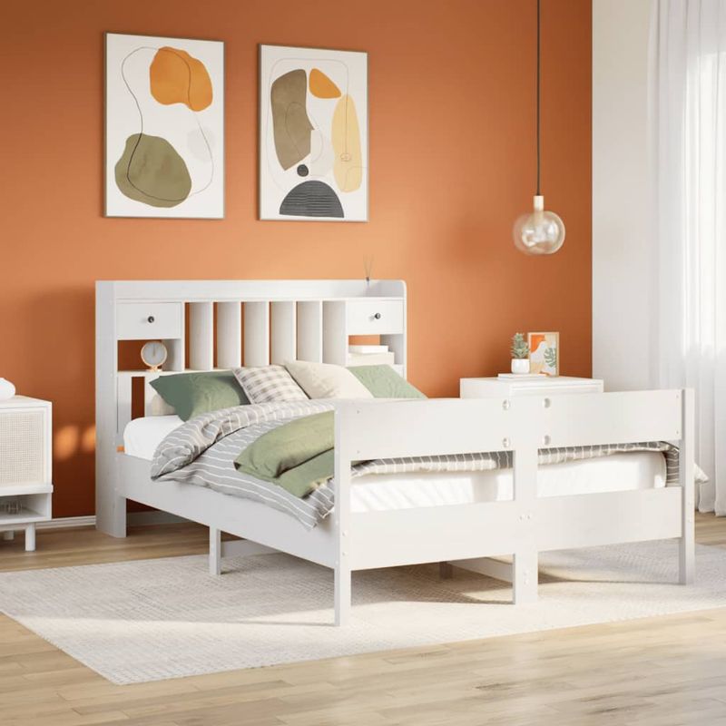 Casa si Gradina - Mobilier - Paturi si accesorii - Paturi - Pat cu biblioteca fara saltea, alb, 150x200 cm, lemn masiv pin - Infinity.ro