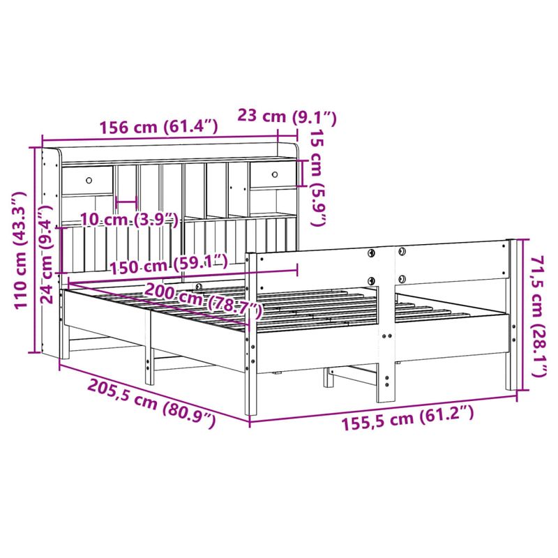 Casa si Gradina - Mobilier - Paturi si accesorii - Paturi - Pat cu biblioteca fara saltea, alb, 150x200 cm, lemn masiv pin - Infinity.ro