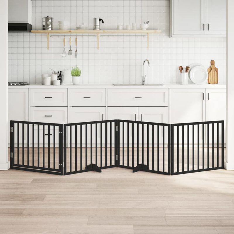 Petshop - Accesorii petshop - Culcusuri si custi - Tarcuri si colivii - Poarta caini pliabila cu usa 4 panouri negru, 320 cm, lemn plop - Infinity.ro