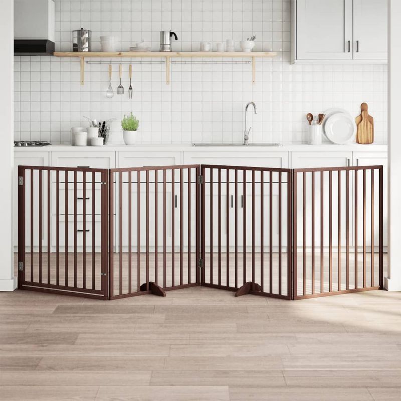 Petshop - Accesorii petshop - Culcusuri si custi - Custi interior si exterior - Poarta caini pliabila cu usa 4 panouri maro, 320 cm, lemn plop - Infinity.ro