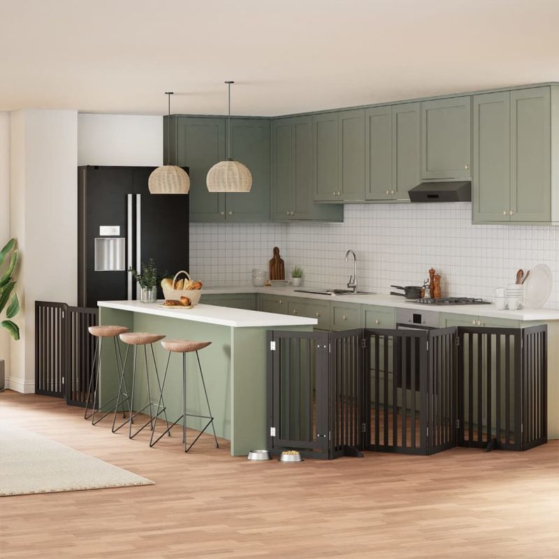 Petshop - Accesorii petshop - Culcusuri si custi - Custi interior si exterior - Poarta caini pliabila cu usa 9 panouri negru, 450 cm, lemn plop - Infinity.ro