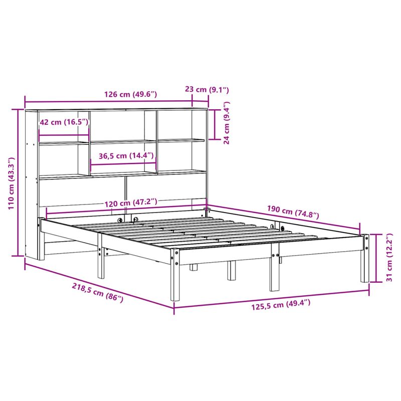 Casa si Gradina - Mobilier - Paturi si accesorii - Paturi - Pat cu biblioteca fara saltea, maro, 120x190 cm, lemn masiv pin - Infinity.ro