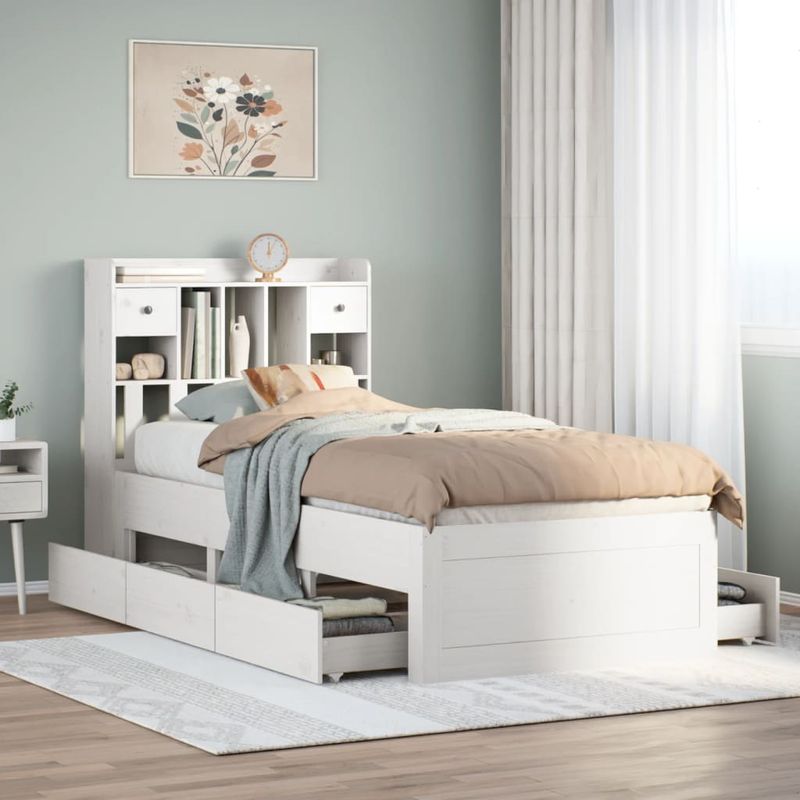 Casa si Gradina - Mobilier - Paturi si accesorii - Paturi - Pat cu biblioteca fara saltea, alb, 75x190 cm, lemn masiv pin - Infinity.ro