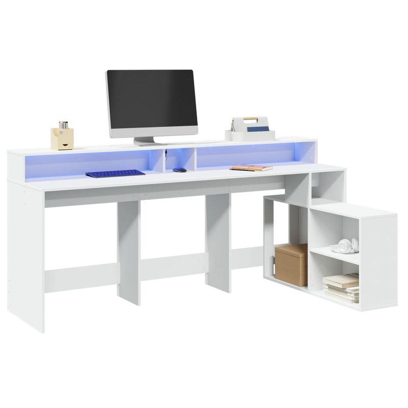 Casa si Gradina - Mobilier - Mese si birouri - Birouri - Birou cu lumini LED, alb, 200x104x91 cm, lemn prelucrat - Infinity.ro