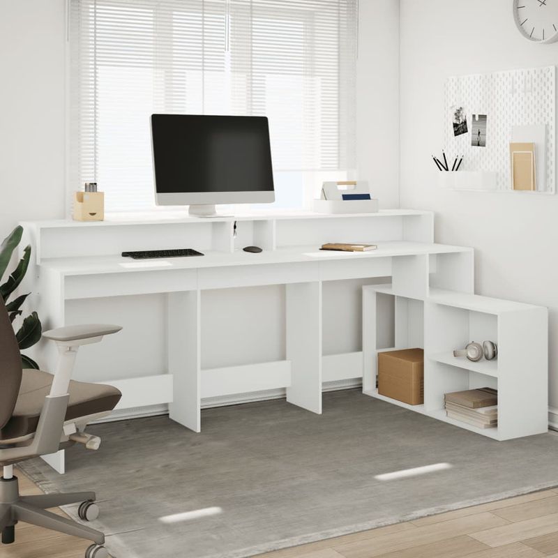 Casa si Gradina - Mobilier - Mese si birouri - Birouri - Birou cu lumini LED, alb, 200x104x91 cm, lemn prelucrat - Infinity.ro