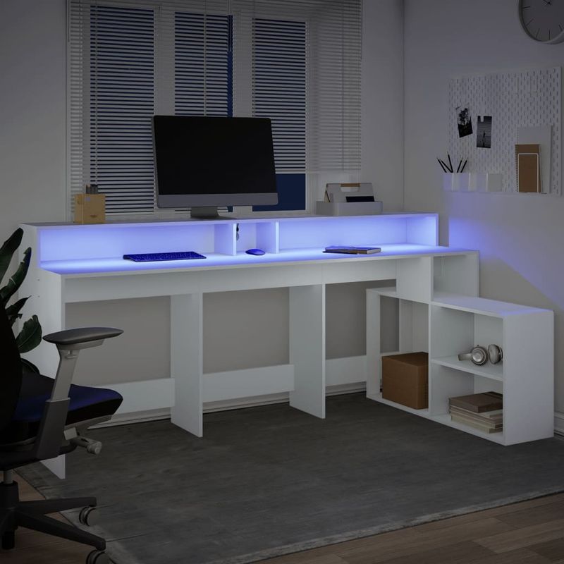 Casa si Gradina - Mobilier - Mese si birouri - Birouri - Birou cu lumini LED, alb, 200x104x91 cm, lemn prelucrat - Infinity.ro