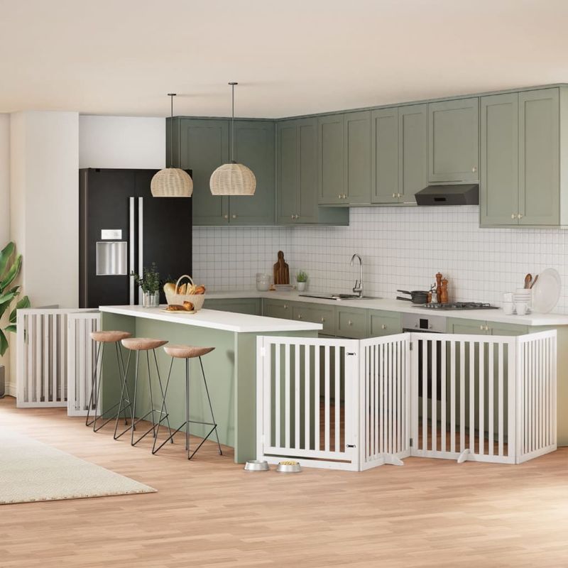 Petshop - Accesorii petshop - Culcusuri si custi - Custi interior si exterior - Poarta caini pliabila cu usa 12 panouri, alb, 960 cm, lemn plop - Infinity.ro