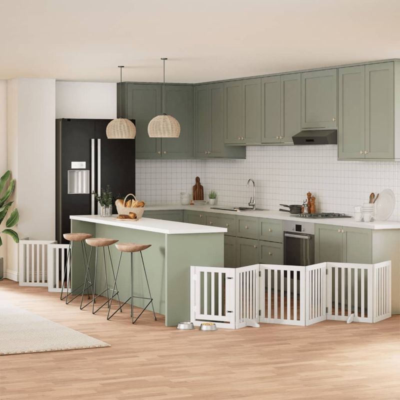 Petshop - Accesorii petshop - Culcusuri si custi - Custi interior si exterior - Poarta caini pliabila cu usa 15 panouri, alb, 750 cm, lemn plop - Infinity.ro