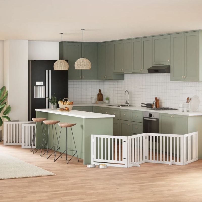 Petshop - Accesorii petshop - Culcusuri si custi - Custi interior si exterior - Poarta caini pliabila cu usa 10 panouri, alb, 800 cm, lemn plop - Infinity.ro