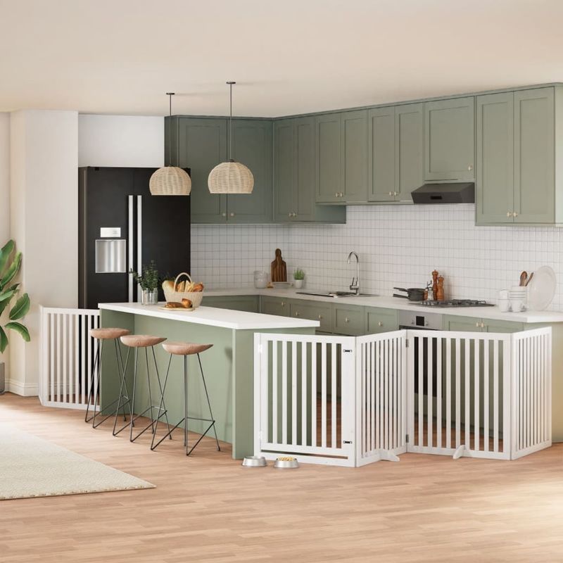 Petshop - Accesorii petshop - Culcusuri si custi - Custi interior si exterior - Poarta caini pliabila cu usa, 6 panouri, alb, 480 cm, lemn plop - Infinity.ro