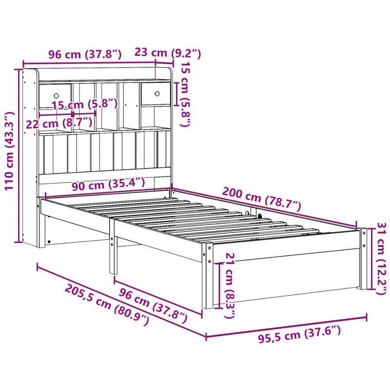 Casa si Gradina - Mobilier - Paturi si accesorii - Paturi - Pat cu biblioteca fara saltea, alb, 90x200 cm, lemn masiv pin - Infinity.ro