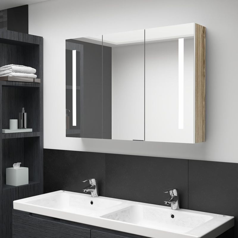 Casa si Gradina - Mobilier - Mobilier baie - Corpuri baie - Dulap de baie cu oglinda si LED, alb si stejar, 89x14x62 cm - Infinity.ro