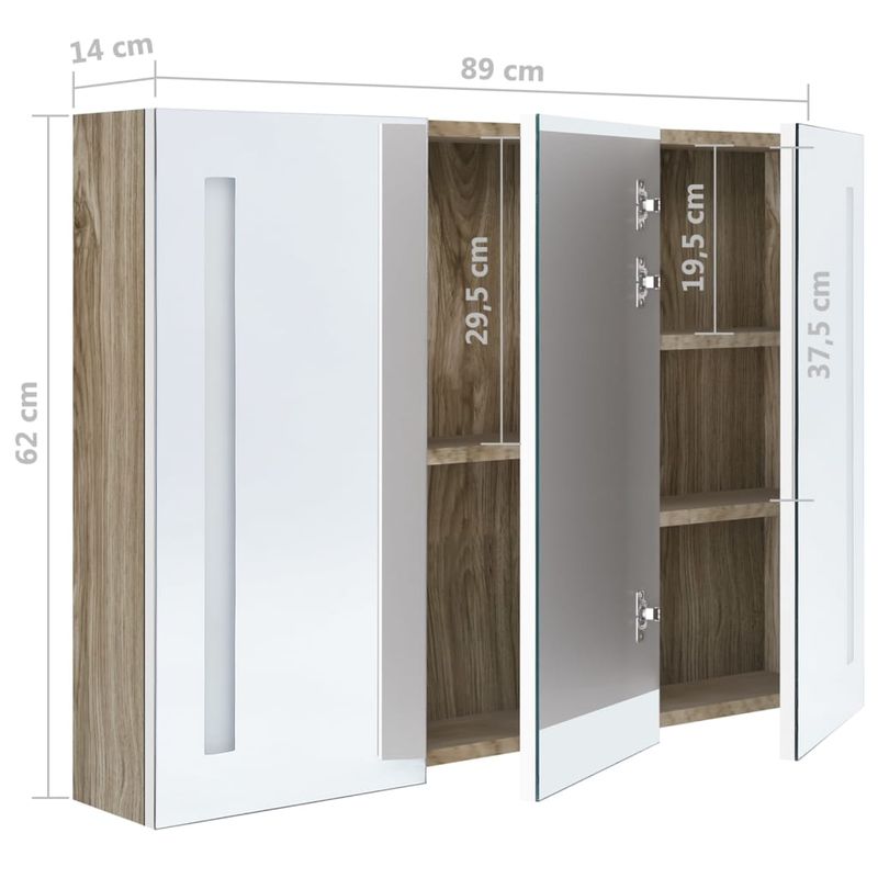 Casa si Gradina - Mobilier - Mobilier baie - Corpuri baie - Dulap de baie cu oglinda si LED, alb si stejar, 89x14x62 cm - Infinity.ro