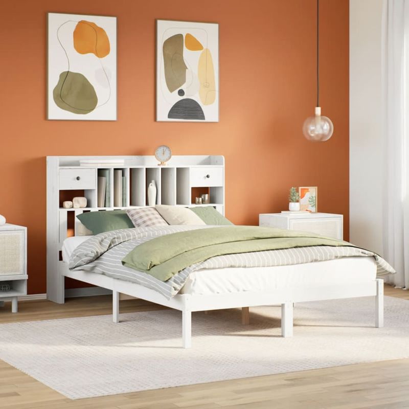 Casa si Gradina - Mobilier - Paturi si accesorii - Paturi - Pat cu biblioteca fara saltea, alb, 160x200 cm, lemn masiv pin - Infinity.ro