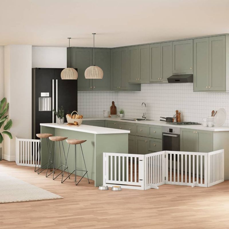 Petshop - Accesorii petshop - Culcusuri si custi - Custi interior si exterior - Poarta caini pliabila cu usa, 6 panouri, alb, 480 cm, lemn plop - Infinity.ro