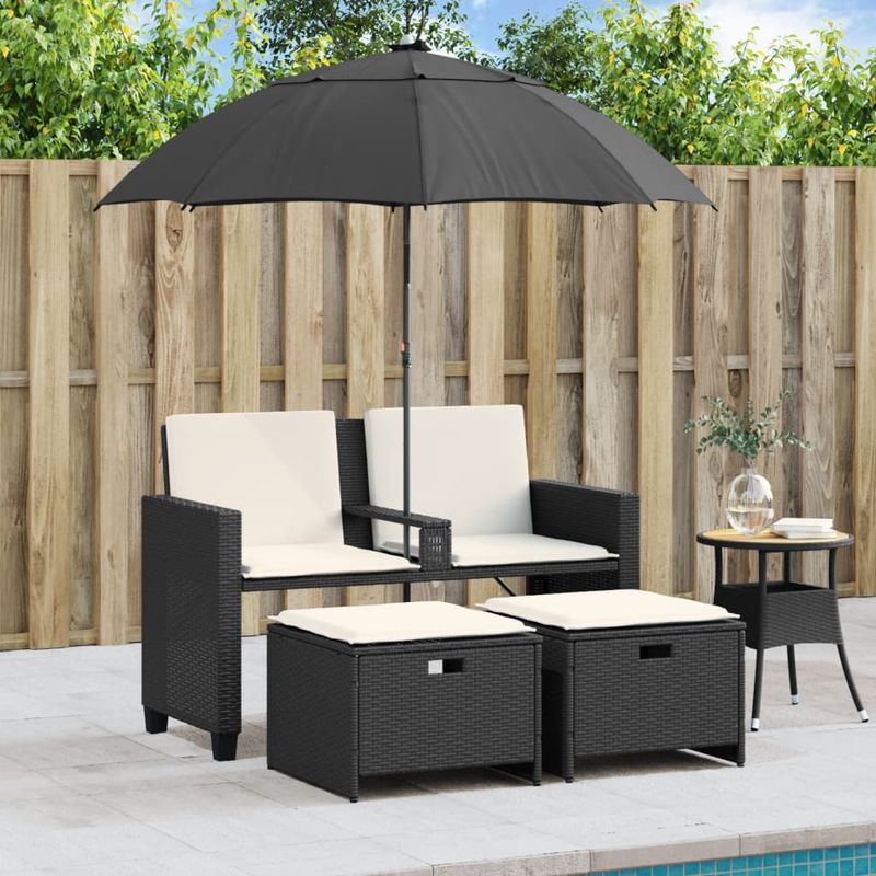 Casa si Gradina - Gradina si terasa - Mobilier exterior - Canapele si fotolii gradina - Canapea de gradina cu 2 locuri/umbrela/taburete negru și crem poliratan - Infinity.ro