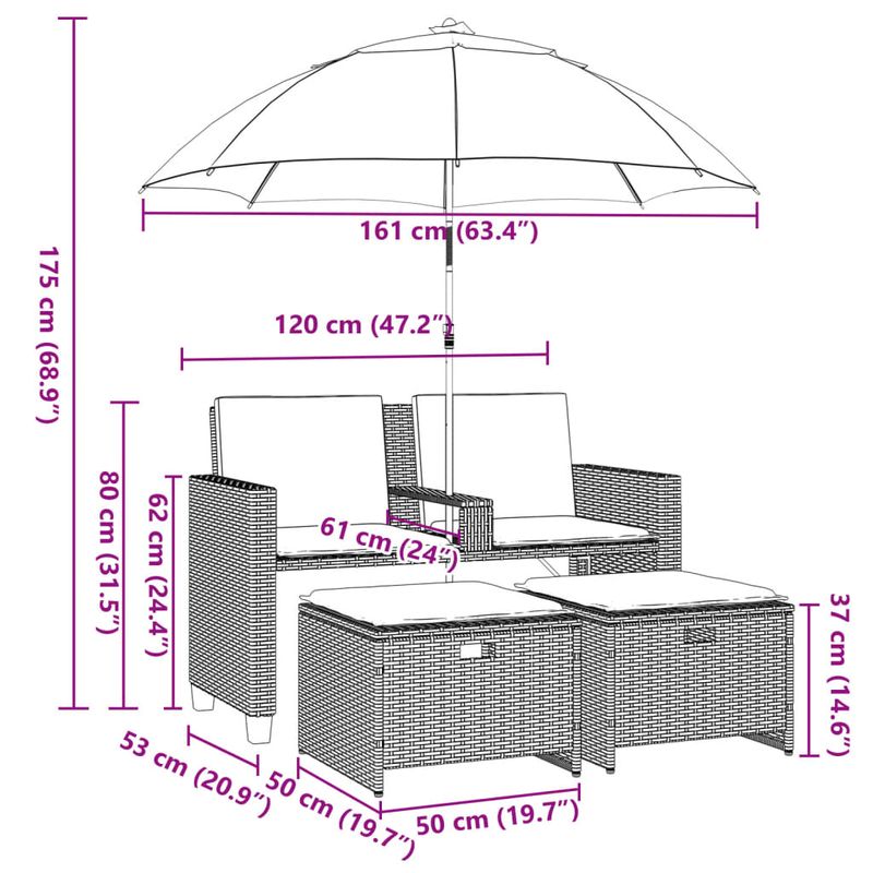 Casa si Gradina - Gradina si terasa - Mobilier exterior - Canapele si fotolii gradina - Canapea de gradina cu 2 locuri/umbrela/taburete negru și crem poliratan - Infinity.ro