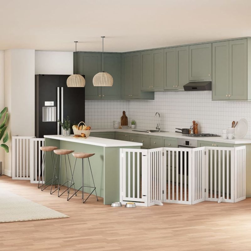 Petshop - Accesorii petshop - Culcusuri si custi - Custi interior si exterior - Poarta caini pliabila cu usa 12 panouri, alb, 600 cm, lemn plop - Infinity.ro