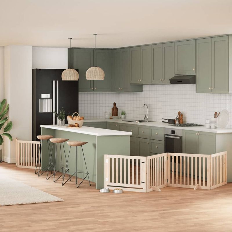 Petshop - Accesorii petshop - Culcusuri si custi - Custi interior si exterior - Poarta de caini pliabila cu usa, 8 panouri, 640 cm, lemn plop - Infinity.ro