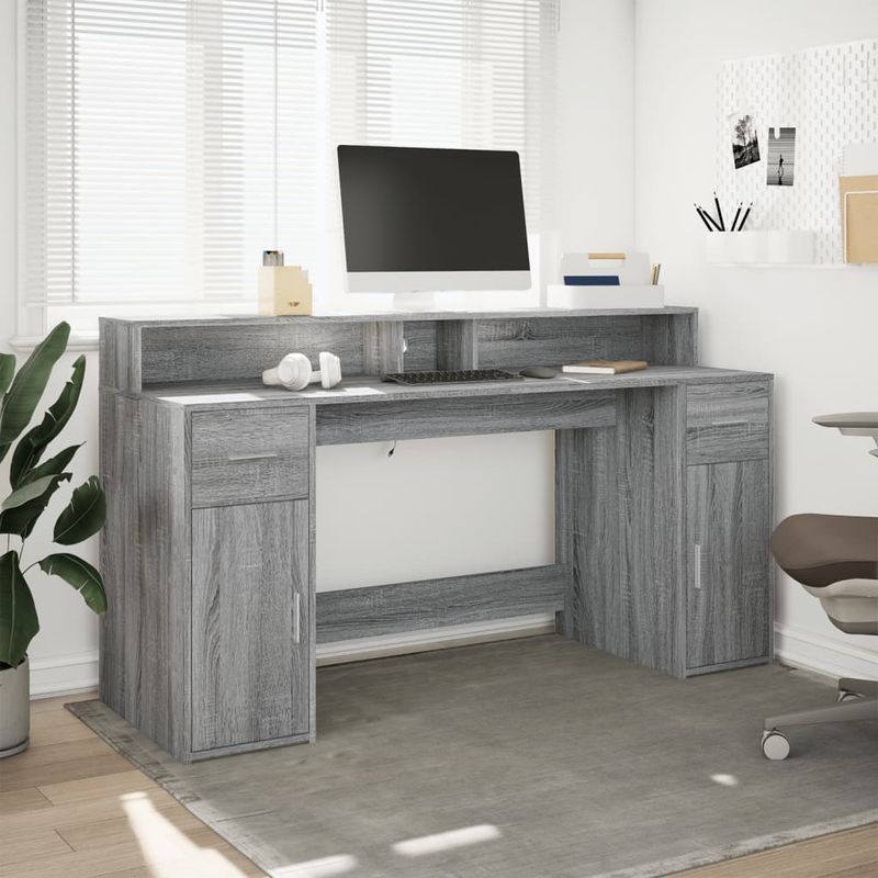 Casa si Gradina - Mobilier - Mese si birouri - Birouri - Birou cu lumini LED, gri sonoma, 160x55x91 cm, lemn prelucrat - Infinity.ro