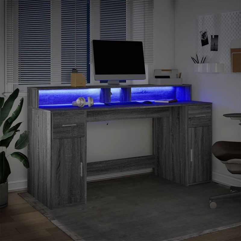 Casa si Gradina - Mobilier - Mese si birouri - Birouri - Birou cu lumini LED, gri sonoma, 160x55x91 cm, lemn prelucrat - Infinity.ro