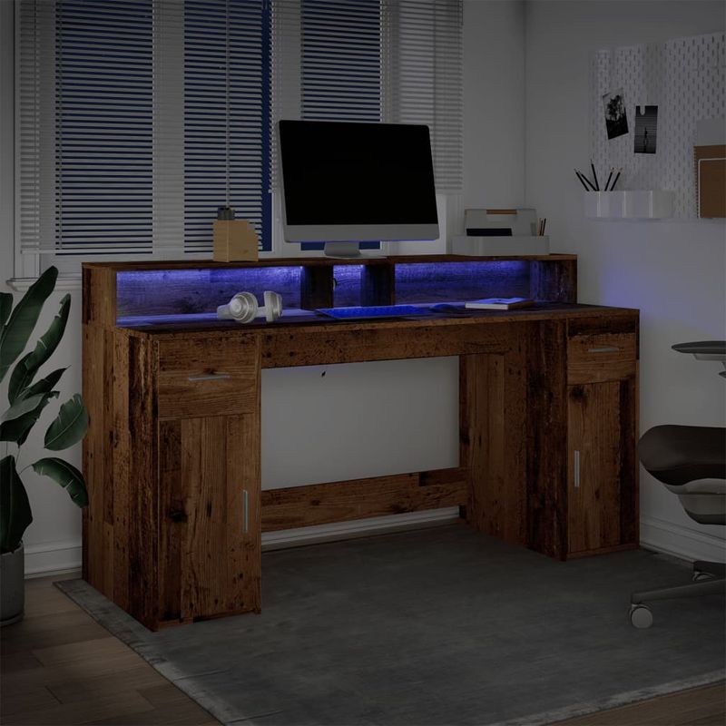 Casa si Gradina - Mobilier - Mese si birouri - Birouri - Birou cu lumini LED, lemn vechi, 160x55x91 cm, lemn prelucrat - Infinity.ro