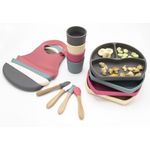 Jucarii, Copii si Bebe - Hrana si alaptare - Biberoane, suzete si accesorii hranire - Articole hranire bebelusi - Set diversificare 4 piese din silicon BabyJem: bavetica, farfurie, lingurita si pahar (Culoare: Latte) - Infinity.ro