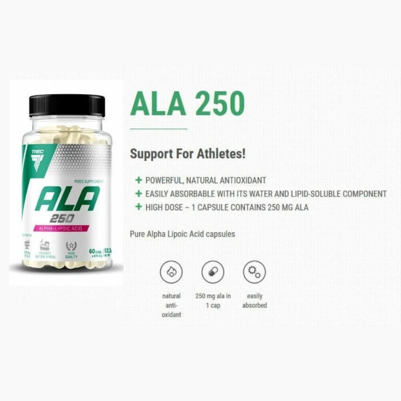 Ingrijire personala si Cosmetice - Sanatate si wellness - Suplimente alimentare - Vitamine si minerale - ALA (Acid alfa-lipoic) 250mg 60 Capsule, Trec Nutrition - Infinity.ro