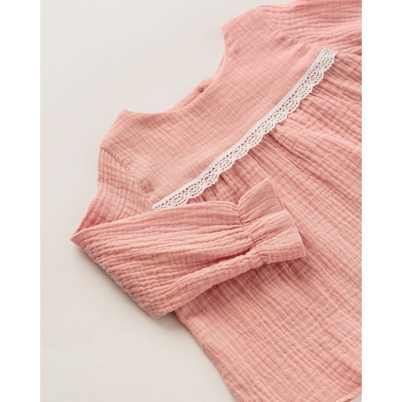 Fashion, accesorii si bijuterii - Copii - Imbracaminte copii - Bluze si camasi copii - Bluza din muselina roz cu dantela 68 cm - Infinity.ro