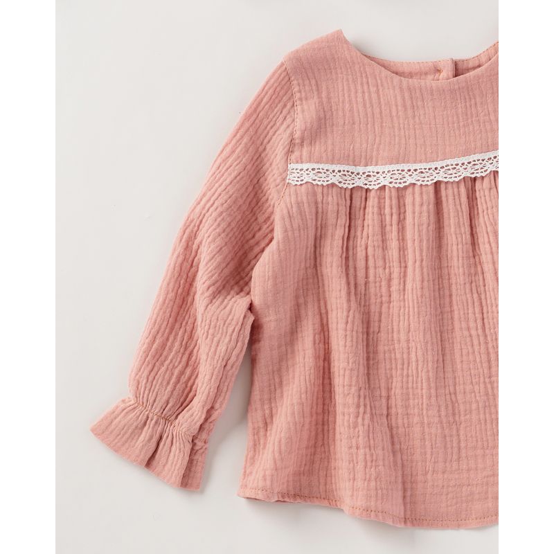 Fashion, accesorii si bijuterii - Copii - Imbracaminte copii - Bluze si camasi copii - Bluza din muselina roz cu dantela 68 cm - Infinity.ro