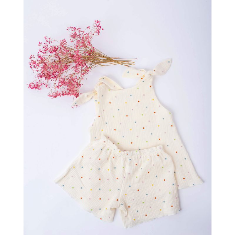 Fashion, accesorii si bijuterii - Copii - Imbracaminte copii - Treninguri si compleuri copii - Compleu de vara din muselina crem cu buline multicolore 98 cm - Infinity.ro