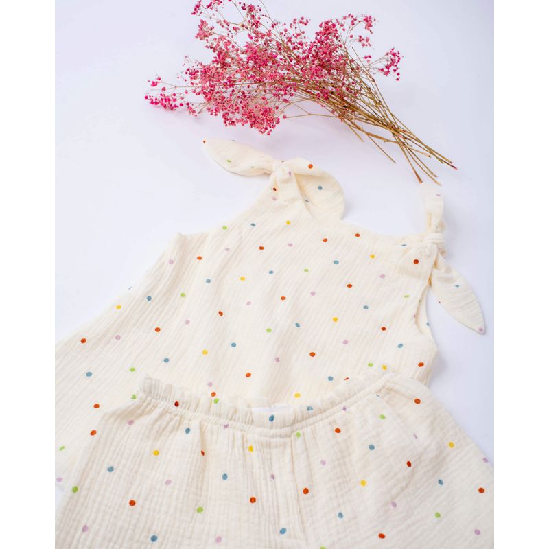 Fashion, accesorii si bijuterii - Copii - Imbracaminte copii - Treninguri si compleuri copii - Compleu de vara din muselina crem cu buline multicolore 98 cm - Infinity.ro